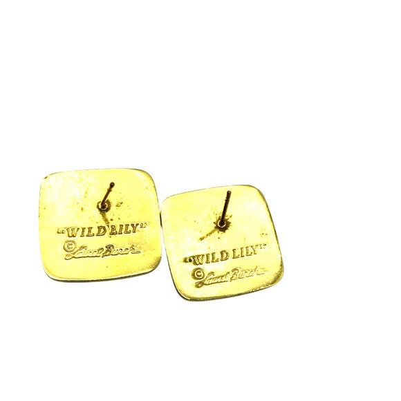 Laurel‎ Burch WILD LILY Pink Square Earrings Cloisonne Post Stud Vintage 80s - Picture 3 of 4